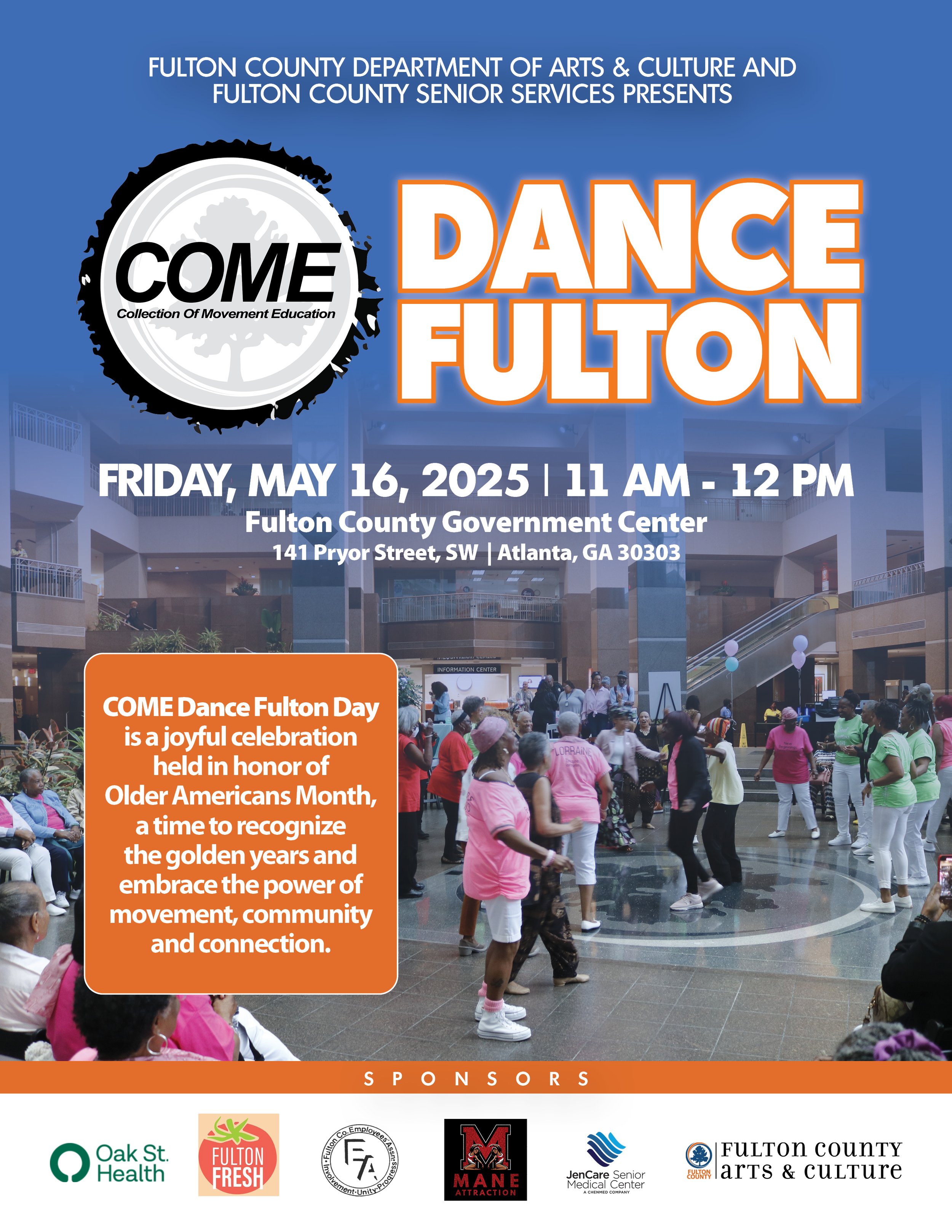 Web graphic titled "Come Dance Fulton" in honor of Older Americans Month