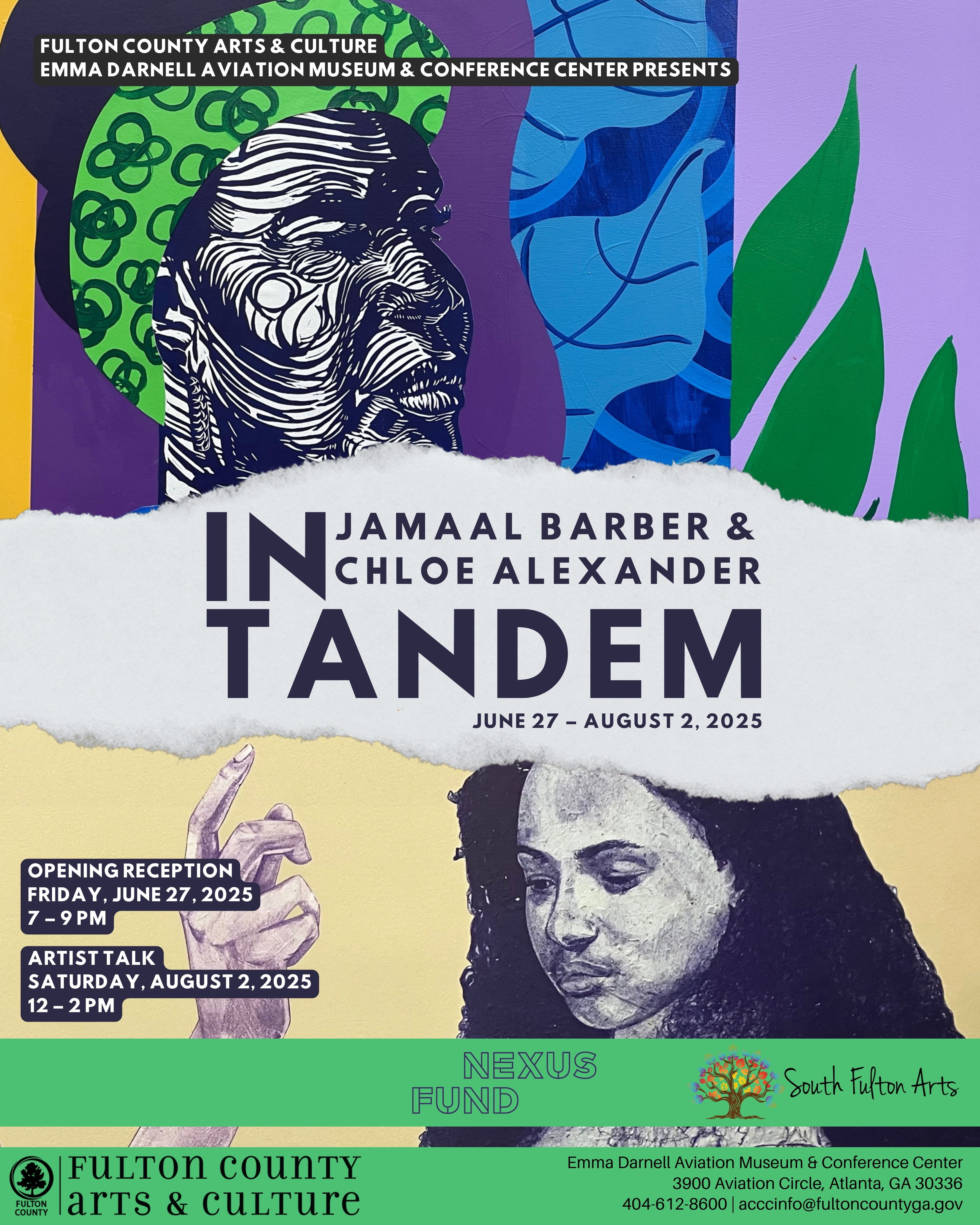 Fulton County Arts & Culture flyer presenting " In Tandem: Jamaal Barber & Chloe Alexander", June 27 through August 2,2025.
