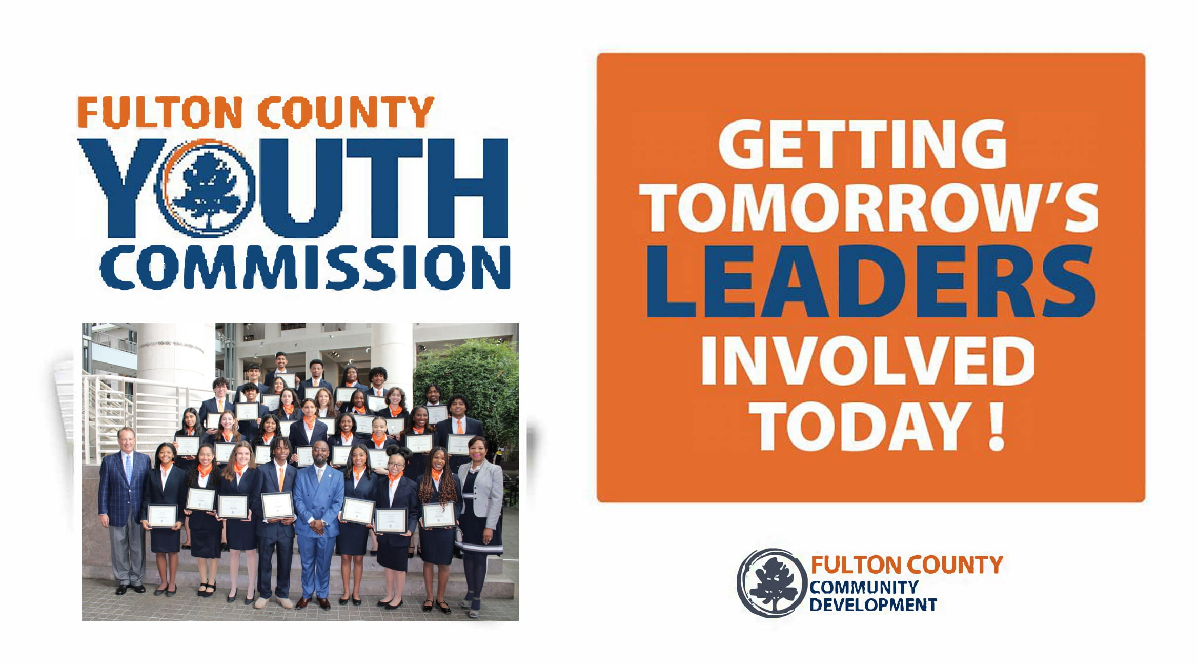 orange and white graphic with Fulton County Youth Commissioners getting tomorrow's leaders involved today